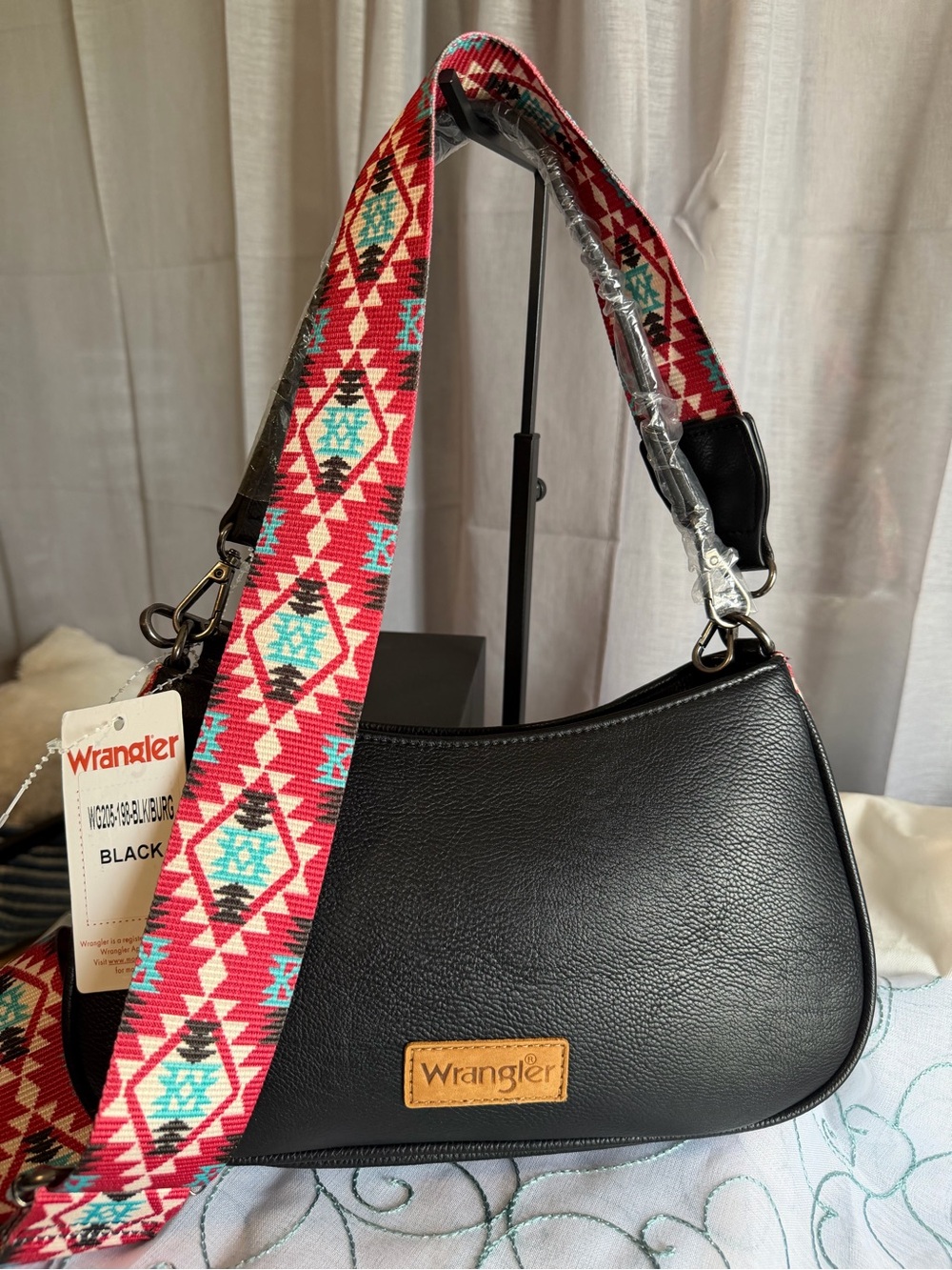 Wrangler Black Hobo Crossbody Bag with Red Turquoise Aztec Strap